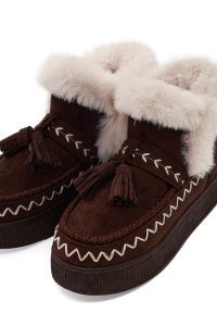 بوت تدی جیر زنانه قهوه‌ای منگوله‌دار لژدار دری مد