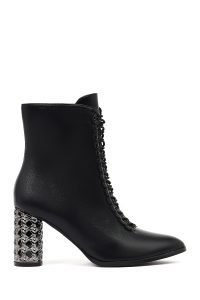 بوت زنانه مشکی بنددار زیپ‌دار پاشنه ضخیم دری مد