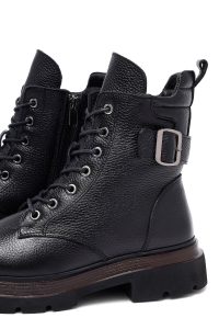 بوت پستال زنانه چرمی مشکی بند دار زیپ دار دری مد