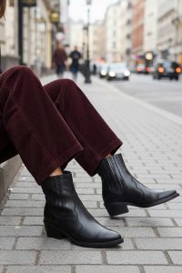 بوت کابویی چرمی زنانه مشکی پاشنه ضخیم کوتاه دری مد