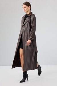 ترنچ کت چرمی زنانه قهوه ای کمربنددار Jenny X دری مد