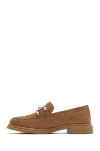 لوفر زنانه قهوه ای روشن نگین‌دار جیر چرم راحتی دری مد