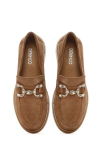 لوفر زنانه قهوه ای روشن نگین‌دار جیر چرم راحتی دری مد