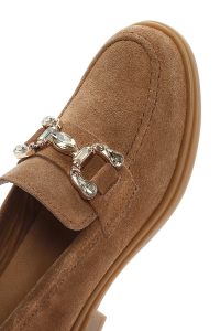 لوفر زنانه قهوه ای روشن نگین‌دار جیر چرم راحتی دری مد