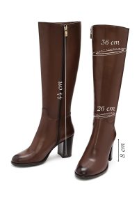 چکمه زنانه چرمی قهوه‌ای پاشنه‌بلند ضخیم زیپ‌دار دری مد