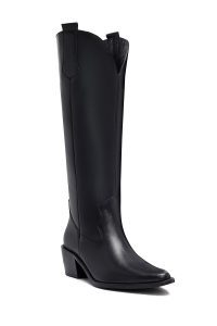 چکمه زنانه چرمی مشکی کابوی پاشنه‌بلند ضخیم دری مد