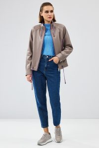 کاپشن چرم خاکستری اورسایز کلاه دار زنانه تری دری مد