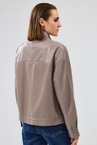 کاپشن چرم خاکستری اورسایز کلاه دار زنانه تری دری مد