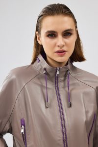 کاپشن چرم خاکستری اورسایز کلاه دار زنانه تری دری مد