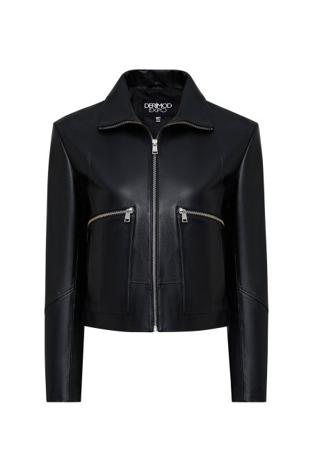 کت چرمی زنانه مشکی کوتاه یقه برگردان Dolores دری مد