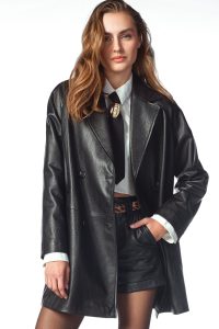 کت چرمی زنانه مشکی یقه کرواتی بلند Wendy دری مد