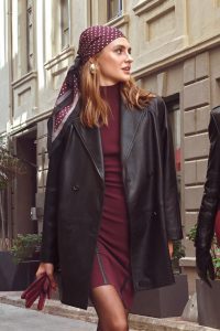 کت چرمی زنانه مشکی یقه کرواتی بلند Wendy دری مد