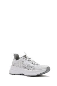 کتونی زنونه پارچه‌ای سفید بنددار با زیره ضخیم دری مد