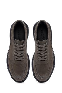 کتونی مردانه نوبوک چرمی طوسی بندی زیره ضخیم دری مد