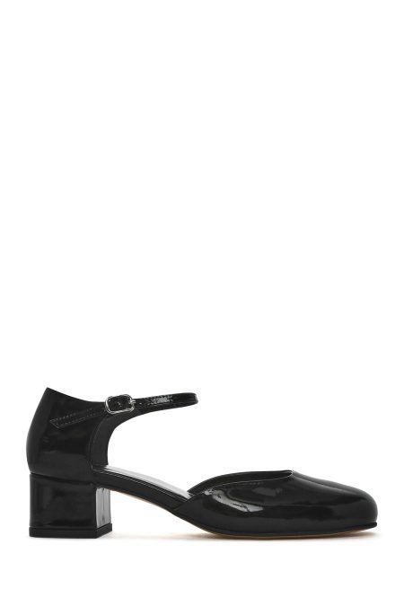 کفش زنانه مشکی چرم ورنی پاشنه‌ضخیم کوتاه بنددار دری مد