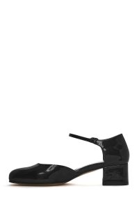 کفش زنانه مشکی چرم ورنی پاشنه‌ضخیم کوتاه بنددار دری مد