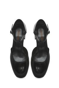 کفش زنانه مشکی چرم ورنی پاشنه‌ضخیم کوتاه بنددار دری مد