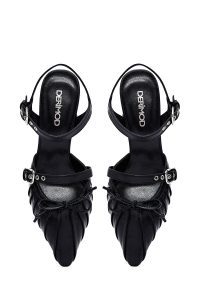 کفش زنانه مشکی چرم پاشنه نازک پشت باز بنددار دری مد