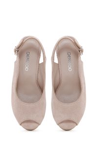 اسپادریل زنانه جیر بژ با بند پشتی و پاشنه لژ دری مد