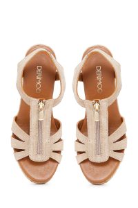 اسپادریل زنانه جیر بژ با زیپ و پاشنه لژ دری مد