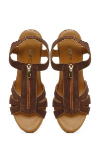 اسپادریل زنانه جیر قهوه‌ای با زیپ و پاشنه لژ دری مد