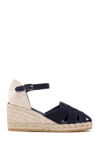 اسپادریل صندل زنانه جیر سرمه‌ای بندی با پاشنه لژ دری مد