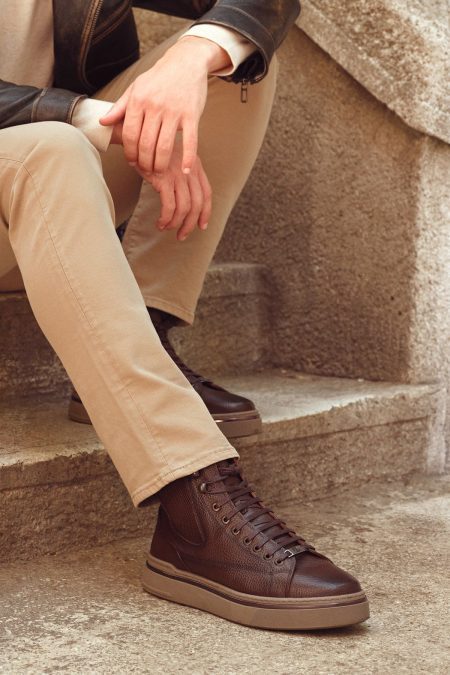 بوت اسپرت چرمی مردانه قهوه‌ای بندی دری‌مد