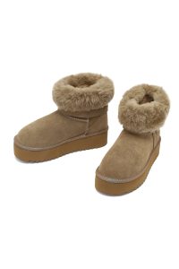 بوت تدی جیر زنانه بژ زیره ضخیم خزدار دری‌مد