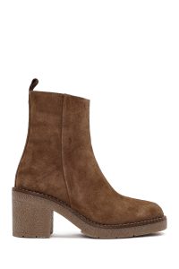 بوت زنانه جیر بژ زیپ‌دار پاشنه‌بلند ضخیم دری مد