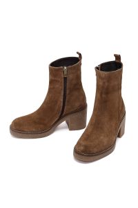 بوت زنانه جیر بژ زیپ‌دار پاشنه‌بلند ضخیم دری مد