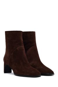 بوت زنانه جیر قهوه‌ای پاشنه‌بلند ضخیم دری مد