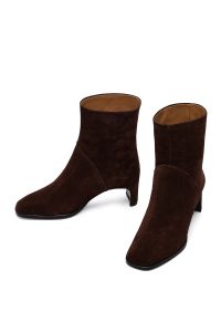 بوت زنانه جیر قهوه‌ای پاشنه‌بلند ضخیم دری مد