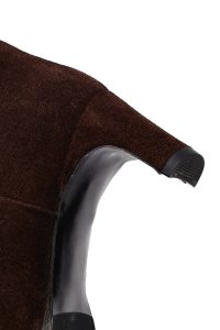 بوت زنانه جیر قهوه‌ای پاشنه‌بلند ضخیم دری مد