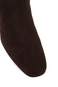 بوت زنانه جیر قهوه‌ای کوتاه زیپ‌دار پاشنه‌بلند ضخیم دری مد