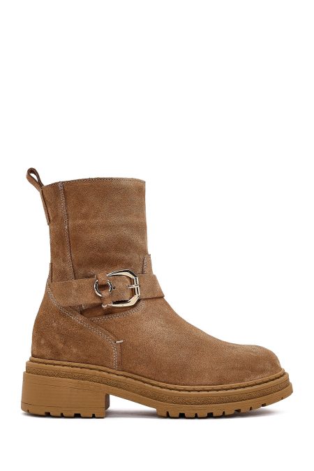 بوت زنانه چرم جیر قهوه‌ای زیپ‌دار زیره‌ضخیم دری مد