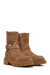 بوت زنانه چرم جیر قهوه‌ای زیپ‌دار زیره‌ضخیم دری مد