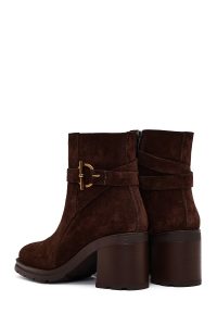 بوت زنانه چرم جیر قهوه‌ای پاشنه‌بلند ضخیم زیپ‌دار دری مد