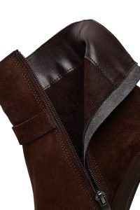 بوت زنانه چرم جیر قهوه‌ای پاشنه‌بلند ضخیم زیپ‌دار دری مد