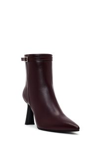 بوت زنانه چرم زرشکی پاشنه‌دار زیپ‌دار دری مد