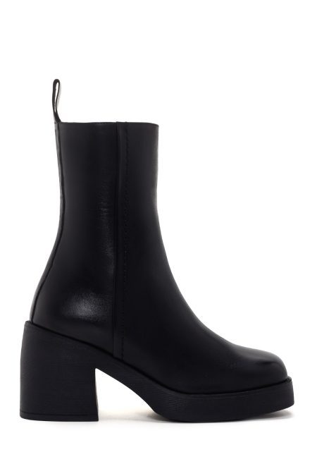 بوت زنانه چرم مشکی پاشنه‌بلند ضخیم زیپ‌دار دری مد