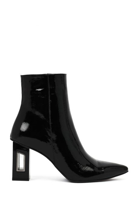 بوت زنانه چرم ورنی مشکی زیپ‌دار پاشنه‌بلند ضخیم دری مد