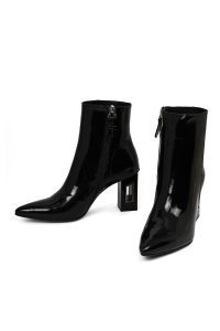 بوت زنانه چرم ورنی مشکی زیپ‌دار پاشنه‌بلند ضخیم دری مد