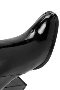 بوت زنانه چرم ورنی مشکی پاشنه‌بلند ضخیم بلند زیپ‌دار دری مد