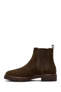 بوت زنانه چلسی چرم جیر خاکی دری مد