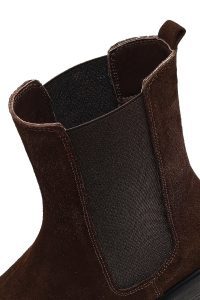 بوت زنانه چلسی چرم جیر قهوه‌ای زیره‌ضخیم دری مد