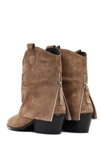 بوت زنانه کوتاه کابوی چرم جیر بژ پاشنه‌بلند ضخیم دری مد