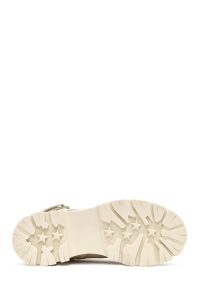 بوت پستال زنانه چرمی بژ بند دار زیپ دار کفی ضخیم دری مد