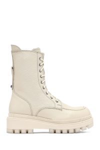 بوت پستال زنانه چرمی بژ کفی ضخیم زیپ دار دری مد