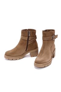 بوت چرم جیر پاشنه ضخیم قهوه ای زیپ دار دری مد