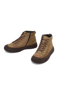 بوت چرم نبوک مردانه بژ بندی و زیپ‌دار ساق‌دار دری‌مد